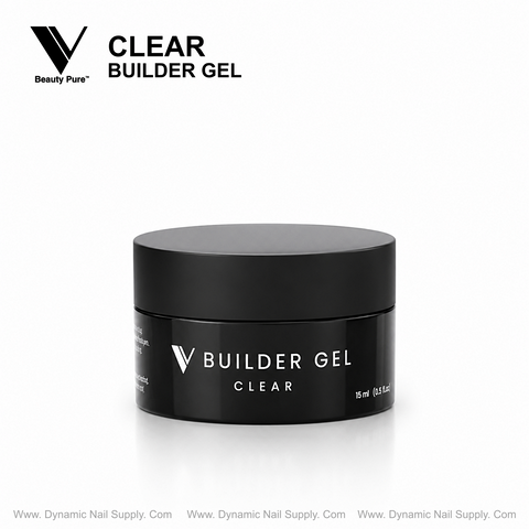 Clear - V Beauty Pure Builder Gel in black jar; crystal-clear finish, Dynamic Nail Supply Official Distributor.