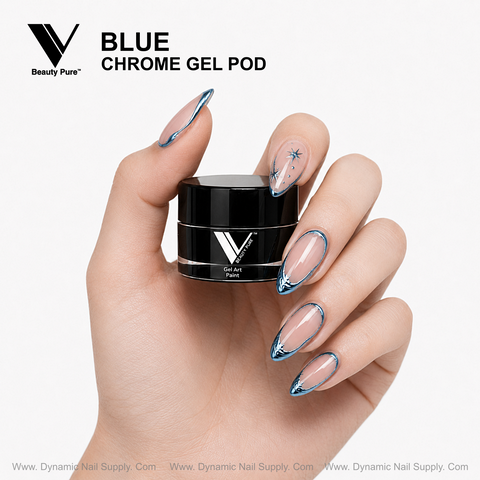 Hand with long almond nails shows off metallic blue chrome using V Beauty Pure Chrome Gel Pod by Dynamic Nail Supply.