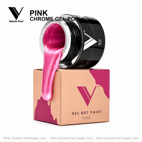 Pink - V Beauty Pure Chrome Gel Pod by Dynamic: metallic pink gel, spills from a jar onto box—chic nail art style.