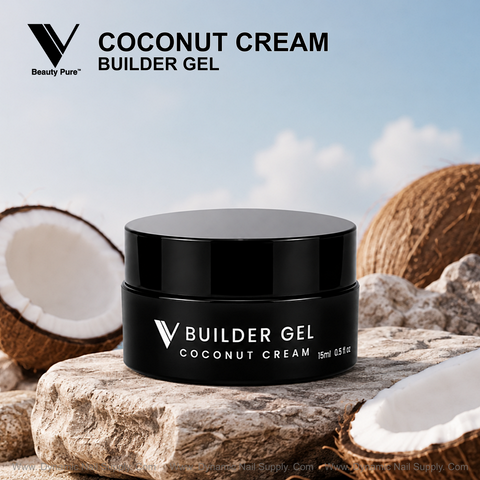 A black jar of Coconut Cream - V Beauty Pure Builder Gel sits on rocks with coconuts under a blue sky.