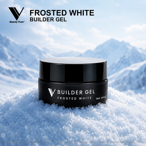 A jar of Frosted White V Beauty Pure Builder Gel sits on snow, with snowy mountains and a clear blue sky behind.