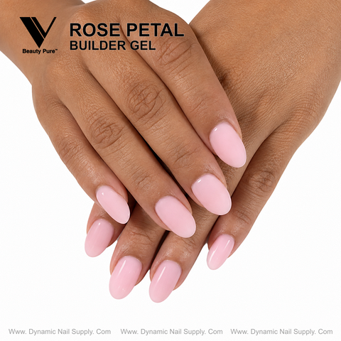 Hands with almond nails in Rose Petal - V Beauty Pure Builder Gel, fingers interlaced on white background.