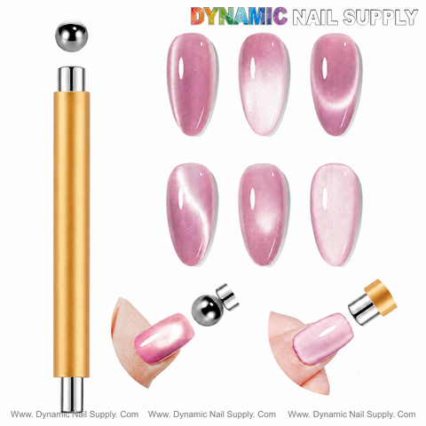 Gold dual-head cat eye magnet tool with 6 pink shimmery cat eye gel designs and application steps included.