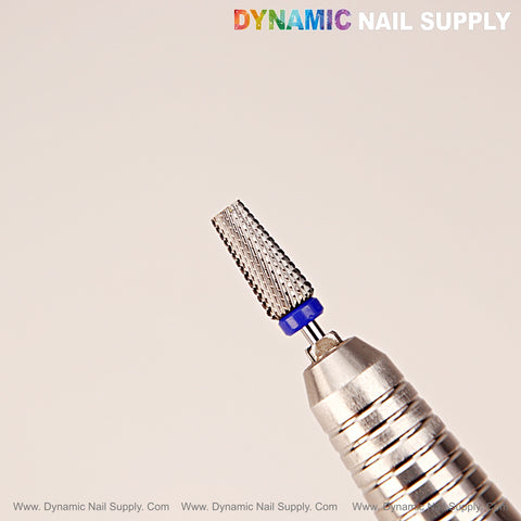 5-in-1 Medium Silver Tapered Flat-Top Carbide Bit, close-up with blue band & DYNAMIC NAIL SUPPLY text above.
