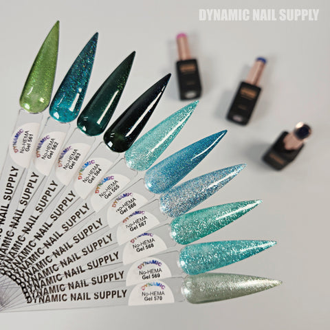 Seven blue, green, and glitter swatches showcase Dynamic No-HEMA Gel Polish (Colors 561–570) for nail health.