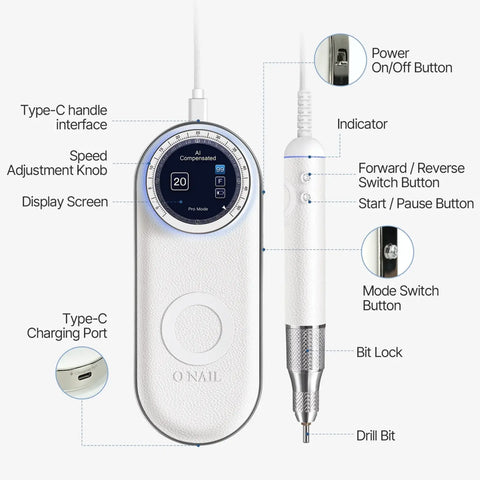ONAIL Precision Portable AI Nail Drill features labeled buttons, screen, charging port, and bit attachment.