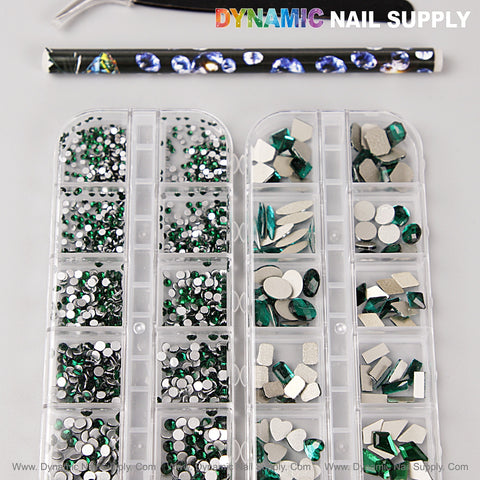 [Green] Multi Shape Size Nail Crystal Gem Rhinestone Set with kit on light gray, DYNAMIC NAIL SUPPLY text shown.