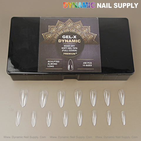 Black box labeled Sculpted Almond (Long) with 15 soft-gel nail tips arranged below on a beige surface.