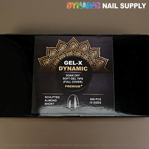 Sculpted Almond (Short) Full Cover Soft-Gel Nail Tips, Black Box, 600 pcs, 15 sizes.