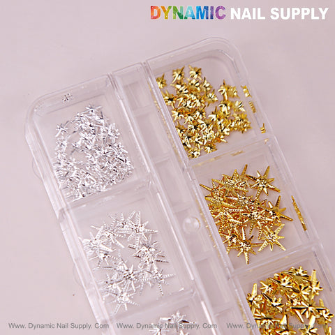 Gold and Silver Stars Mixed Sizes Sparkling Charms for Nail DIY in a plastic compartment container, pink background.
