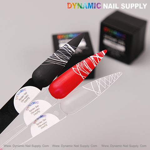 Three nail samples (black, red, clear) using No-wipe Ready for Chrome Spider Gel, shown with Dynamic Nail Supply branding.