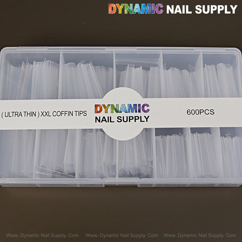 Ultra Thin 2XL Coffin Nail Tips, XXL Extra Long & Straight, No C-Curve, Clear, 500pcs organizer box.