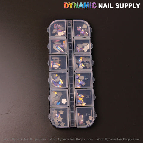 The Volcano AB 7 organizer holds mixed 12 raindrop, square, heart, and moon nail rhinestone gems in separate compartments.