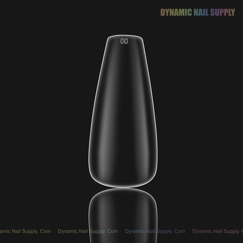 Sleek matte black box with “00” on top, reflected on glossy black, for Sculpted Coffin (Long) Soft-Gel Nail Tips.