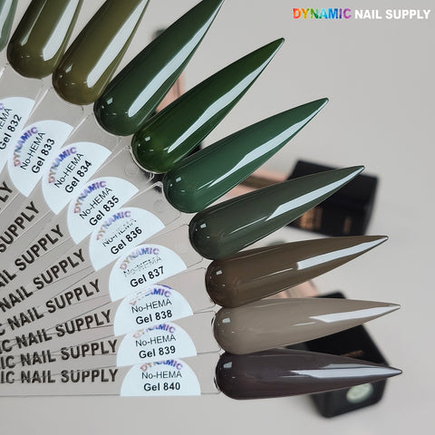 Ten Dynamic No-HEMA Gel Polish samples (Color 831–840) in olive, green, and taupe for optimal nail health.