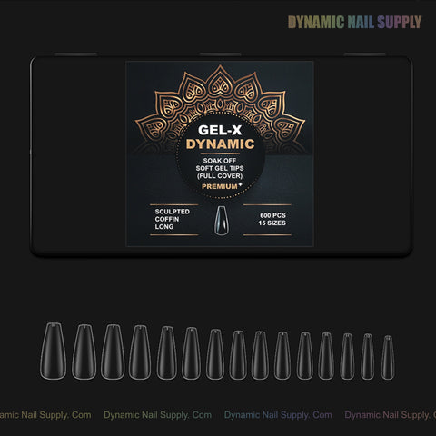 Black box of Sculpted Coffin (Long) Full Cover Soft-Gel Nail Tips—15 long, sculpted tips shown below.