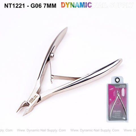 NT1221 - G06 7mm Professional Stainless Steel Cuticle Nippers shown next to retail packaging on white background.