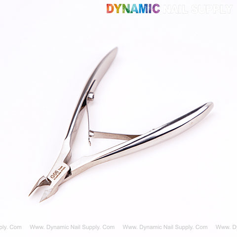 NT1221-G06 7mm Professional Stainless Steel Cuticle Nippers from Dynamic Nail Supply, spring handle, shown open.