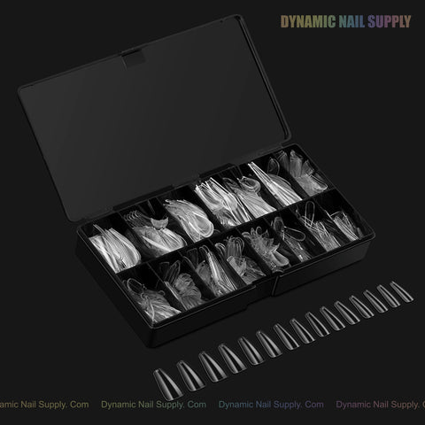 The black box displays 12 Sculpted Coffin (Long) Soft-Gel Nail Tips, each arranged in a row in front.