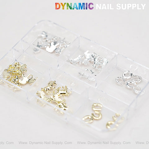 A clear box with six sections holds Horse Horseshoe Gold and Silver Nail Art Charms for DIY professional designs.