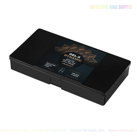 A black box labeled Sculpted Coffin (Long) Full Cover Soft-Gel Nail Tips, with gold and blue designs on the lid.