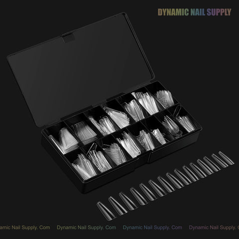 Black box holds Sculpted Coffin (XL) Full Cover Soft-Gel Nail Tips; extra tips lined up in front. DYNAMIC NAIL SUPPLY top right.