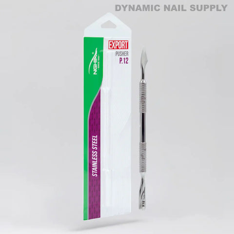The P-12 Professional Dual-Ended Stainless Steel Cuticle Pusher is displayed beside its packaging.