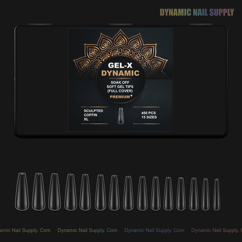 A black box labeled Sculpted Coffin (XL) Full Cover Soft-Gel Nail Tips with tips displayed in a row below.