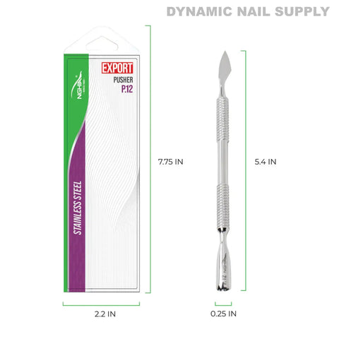 P-12 Professional Dual-Ended Cuticle Pusher in stainless steel shown with packaging—perfect for professional manicures.