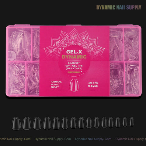 The Pink Box holds Natural Round (Short) Full Cover Soft-Gel Nail Tips in assorted sizes, neatly compartmentalized.