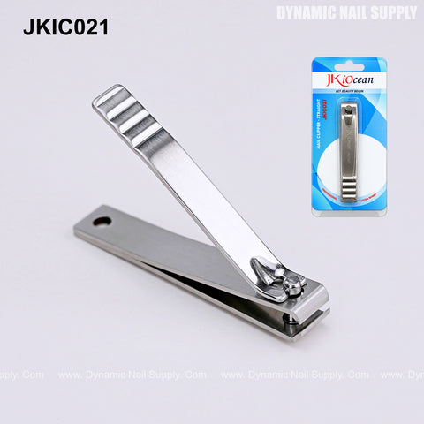 Large stainless steel nail clippers in packaging are shown on a white background; wide jaw design for men, women, seniors.
