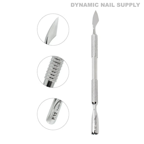 P-12 – Professional Dual-Ended Cuticle Pusher: stainless steel, textured grip, pointed tip, flat edge; DYNAMIC NAIL SUPPLY.