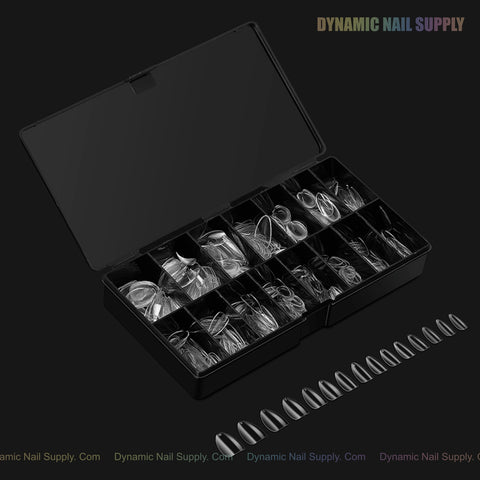 Open black box of Natural Almond (Medium) Soft-Gel Tips, with assorted sizes and a row of full cover tips in front.