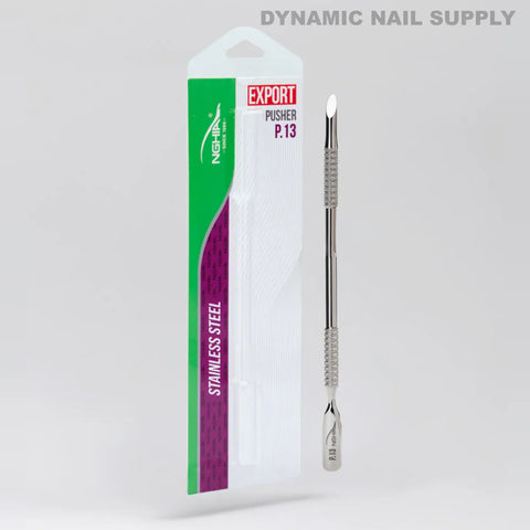 The P-13 Professional Double-Function Cuticle Pusher sits by its green and purple “EXPORT PUSHER P.13” packaging.