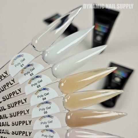 Six nude and white AcrylGel Poly Gel shades (01-12) swatched, with blurred black gel tubes in the background.