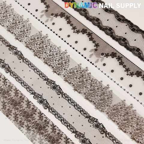 Black Mixed Design Nail Foil 5: five black lace nail art foils with unique floral and geometric designs.