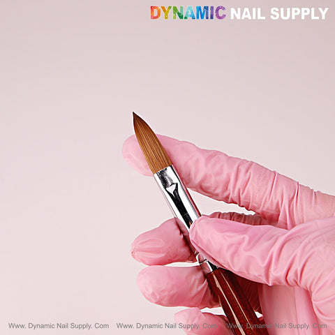 A pink-gloved hand holds the Size 16 [Crimped] Dynamic Kolinsky Acrylic Brush, DYNAMIC NAIL SUPPLY above.