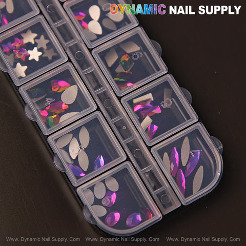 Fuchsia AB 8 container holds silver/pink nail rhinestone gems, 12 shapes labeled by size: raindrop, heart, moon, square.