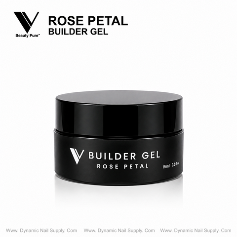 A black jar of V Beauty Pure Builder Gel Rose Petal 15ml sits centered on a white background, simple branding visible.