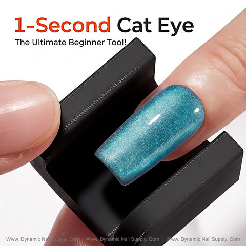 A hand uses the Black Cat Eye Nail Magnet for stunning 5D cat eye effects—great for DIYers and salon beginners.