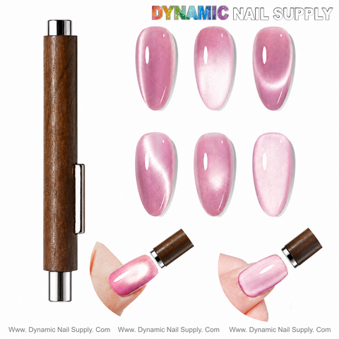 Six pink nail swatches, a Dual Head Wooden Handle Cat Eye Magnet Pen, and Dynamic Nail Supply bottles on white.