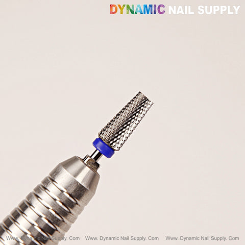 Close-up of 5-in-1 Medium Silver Tapered Flat-Top Carbide Nail Drill Bit with DYNAMIC NAIL SUPPLY text, blue ring.