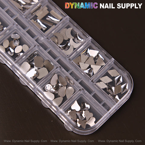 [Silver 3] Mixed 12 Raindrop, Square, Heart, Moon Nail Art Rhinestone Gems in a clear organizer with compartments.