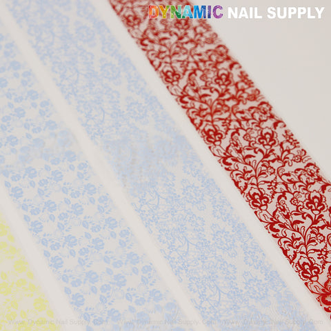 Blue Yellow Red Pink White Mixed Nail Foil 3 features floral and lace nail art foils in vibrant colors.