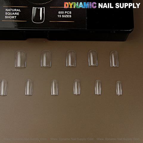 Natural Square (Short) Full Cover Soft-Gel Nail Tips, assorted sizes, in a black DYNAMIC NAIL SUPPLY box.
