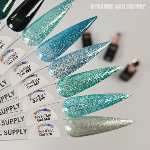 Six blue & green glitter gel swatches, numbered 561–570, using Dynamic No-HEMA Gel Polish for healthier nails.