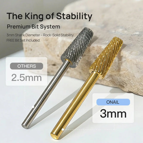 Includes two metallic bits for the ONAIL 50,000 RPM Nail Drill: silver (2.5mm) and gold (3mm), both textured.