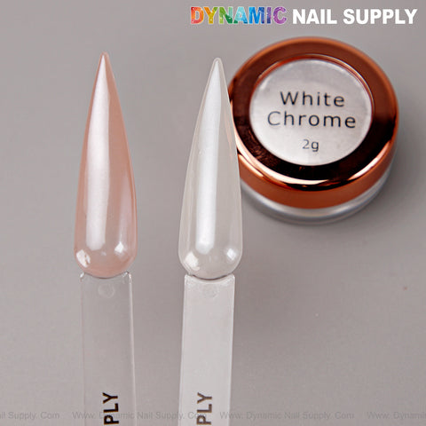 Two long nail swatches display Pearl White Chrome Powder (2g jar), ideal for clean girl and glazed donut nails.