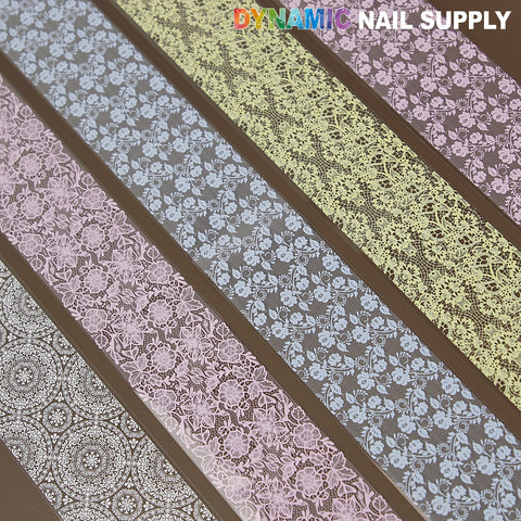 Six mixed pastel nail foils in pink, blue, white, yellow create chic diagonal nail art from DYNAMIC NAIL SUPPLY.