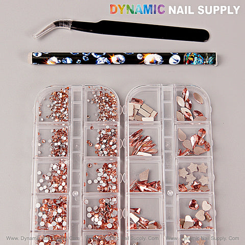 [Rose Gold] Nail Crystal Gem Set—mixed shapes/sizes, flat back, in case with tweezers & decorative pencil.